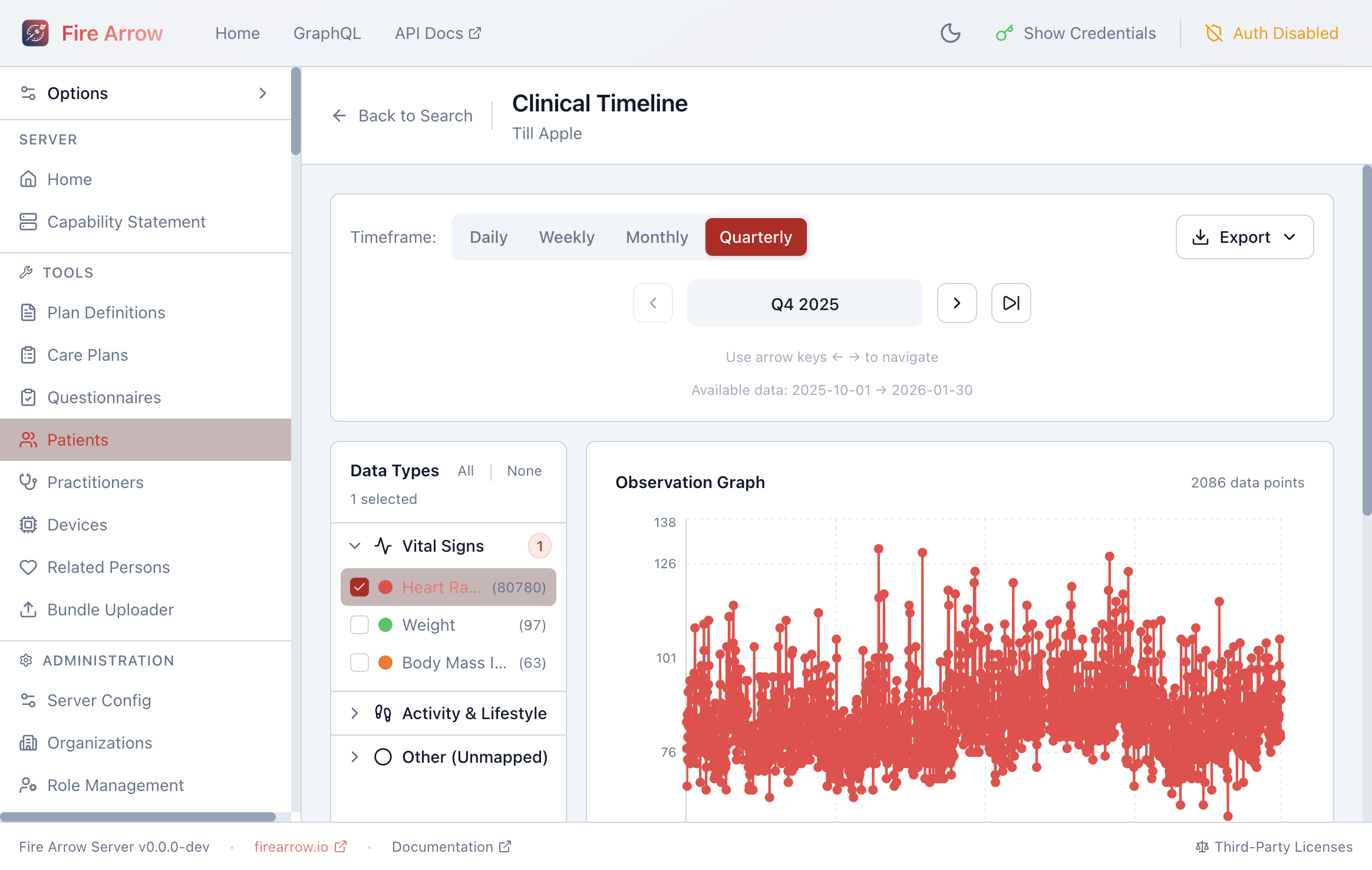 Clinical Timeline showing heart rate data for a patient