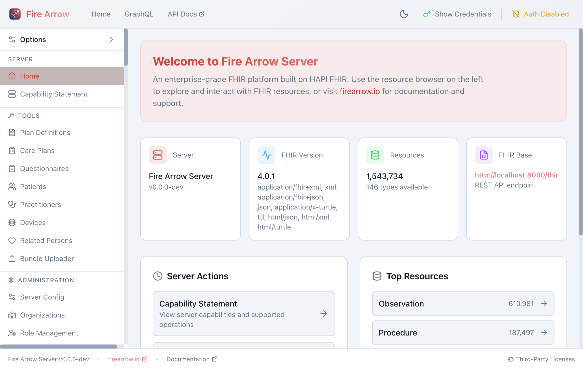 Fire Arrow Web UI home screen